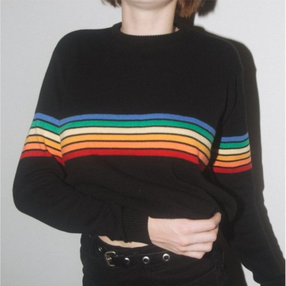NWOT Brandy Melville Jessica Rainbow Striped Pullover Sweater Black One Size